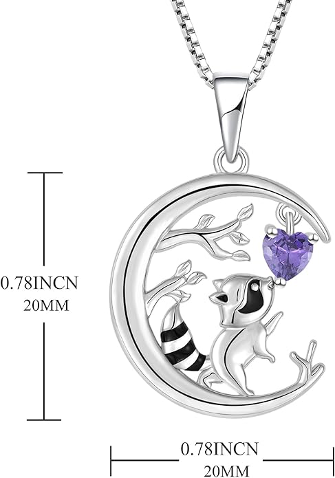 STARCHENIE Raccoon Necklace 925 Sterling Silver Heart Birthstone Pendant Cute Animal Jewelry for Women