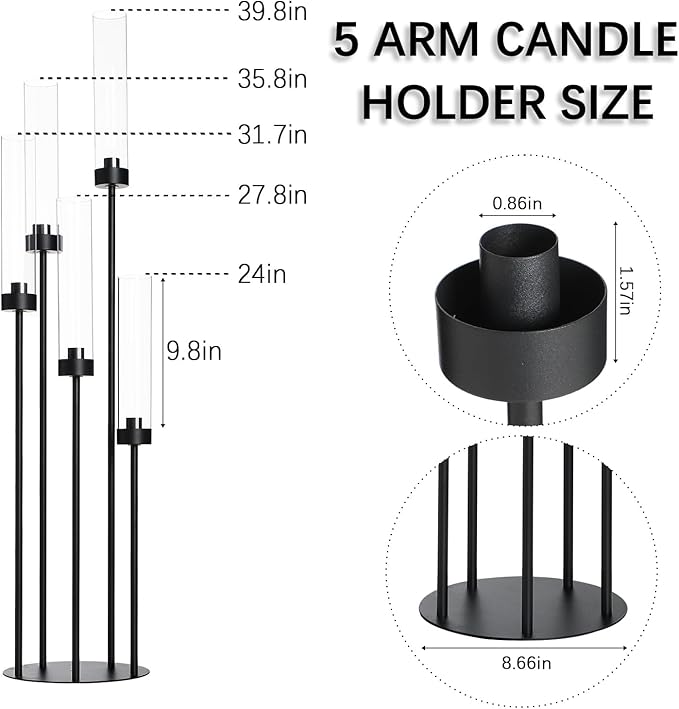 39.8''Matte Black Candle Holder with Acrylic Shades Tall 5 Arm Candelabra Black Table Centerpiece for Wedding Living Dining Room Fireplace Decoration Fit 0.98''LED Taper