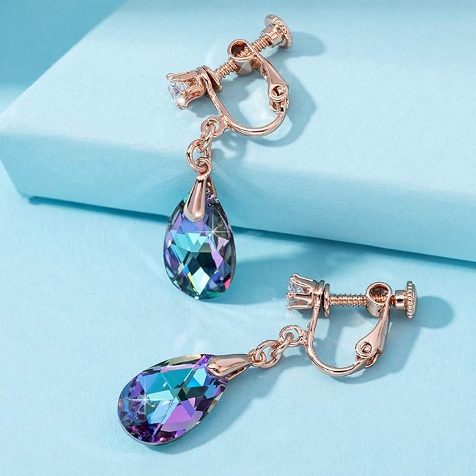 Teardrop Austrian Crystal Drop Clip On Dangle Earrings for Women Non Pierced 14K Rose Gold Plated Hypoallergenic Jewelry