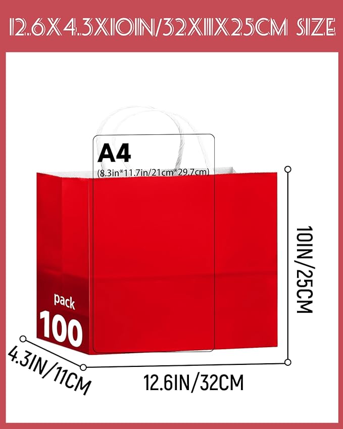 qiqee 100PCS Large Gift Bag with Handles Bulk 13"x4.5"x10" Gift Bags Red Multiple Uses (32x11x25cm,Wide Large)
