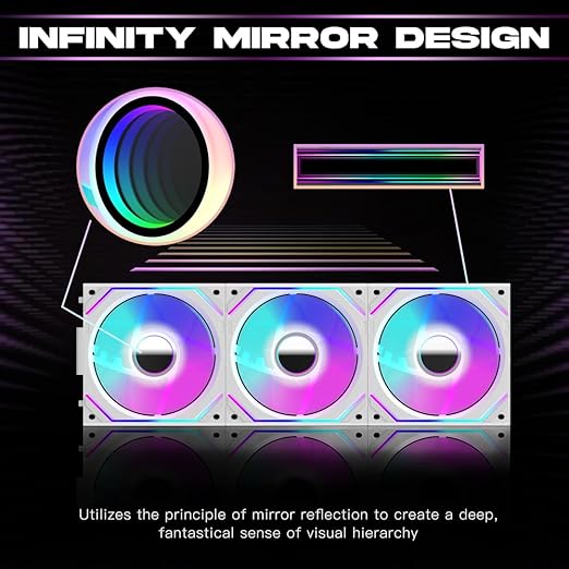 Jungle Leopard Interstellar V2 120mm PC Reverse Blade Case Fan Infinity Mirror Module Daisy-Chain ARGB Fan Triple Pack with Controller Suitable for Computer Case & 360mm AIO Cooler(White-3pack)