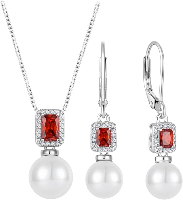Pearl Jewelry Set 925 Sterling Silver Garnet Necklace Earrngs Emerald Cut January Birthstone Jewelry Gifts for Her
