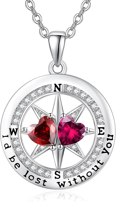 Compass Necklace for Women, Exquisite S925 Valentines Day Anniversary Birthday Gifts for Wife Her Double Birthstone Pendant Jewelry ‘I'd be Lost Without You’