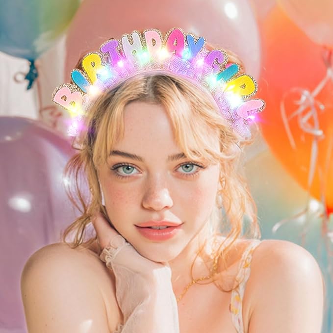 Light Up Birthday Girl Headbands LED Pink Birthday Crown Headpiece Glitter Party Hair Accessories for Women (Pink, One Size)