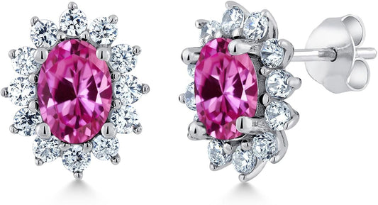 Gem Stone King 7X5MM Oval Gemstone Birthstone Stud Earrings For Women | Princess Diana Royal Halo Style | 925 Sterling Silver | Fine Jewelry Gifts for Anniversary Wedding Her Mom Women Wife
