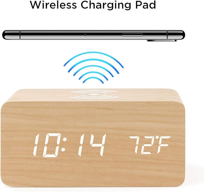 OCT17 Alarm Clock with Qi Wireless Charging Pad Compatible with iPhone Samsung Wood LED Digital Clock Sound Control Function, Time Date, Temperature Display for Bedroom Office Home - Wood