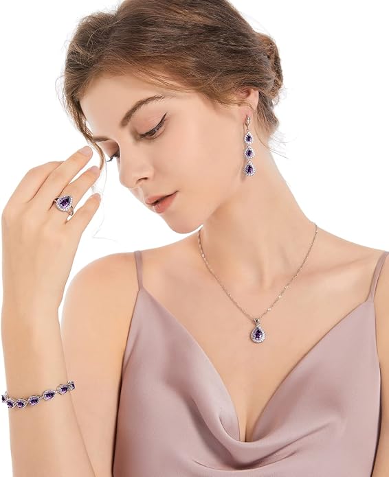 LMXXVJ Necklace Long Earrings Bracelet Set, White Gold Plated Created Blue Sapphire Jewelry Set Wedding Party Gift Jewelry for Women Bridal Bridesmaid