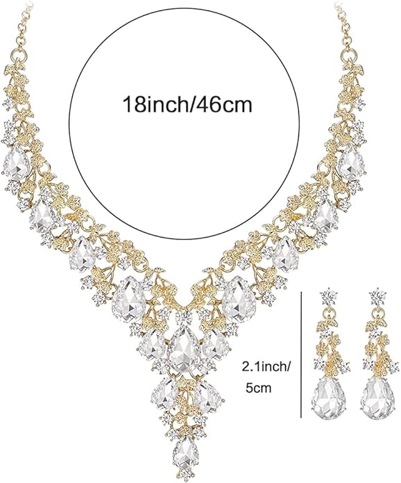 Bridal Bridesmaid Austrian Crystal Jewelry Set, Floarl rhinestone Statement Neckace Teardrop Necklace Drop Dangle Earrings Set