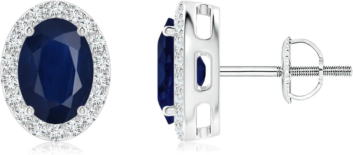 ANGARA Natural Blue Sapphire Earrings for Women | Prong-Set Oval Blue Sapphire Stud Earrings with Diamond Halo in 14K Solid Gold/Platinum | September Birthday, Anniversary, Gemstone Jewellery Gift