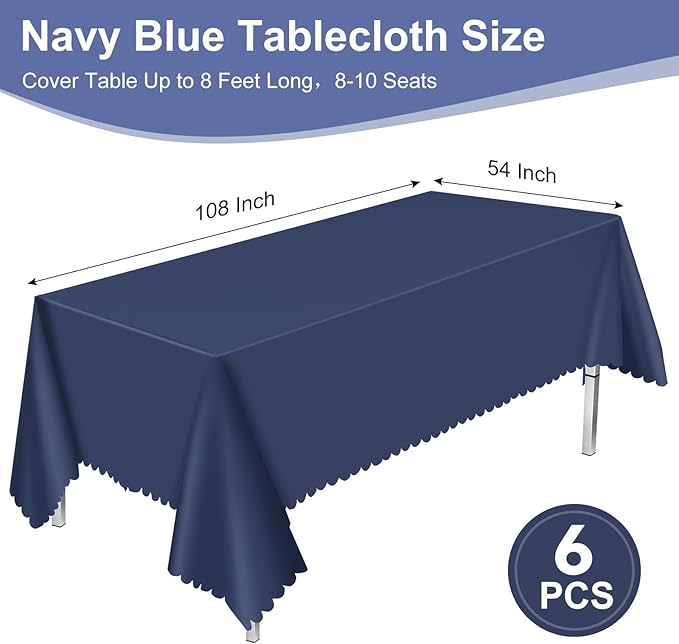 6 Pack Plastic Navy Blue Tablecloth, 54 X 108 Inch Graduation Scalloped Table Cloth for Rectangle Table Disposable Spring Tablecloth for BBQ Picnic Birthday Dinner Holiday Graduation Celebration Party