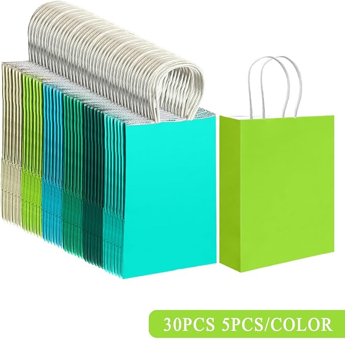 qiqee 30PCS Medium Gift Bag with Handles Bulk 11"x5"x8" Gift Bags 6 Different Green Color Bags Multiple Uses (Medium Size)