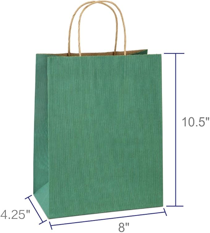 BagDream 25Pcs Gift Bags 8x4.25x10.5 Kraft Paper for Gifts, Shopping Retail Merchandise Grocery Sacks, Green Stripes Paper Bags with Handles Bulk Medium