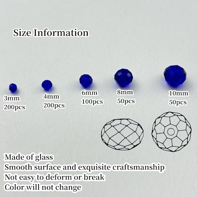 600pcs Crystal Glass Beads 3mm 4mm 6mm 8mm 10mm Rondelle Faceted Crystal Beads Spacer Beads for Necklace Bracelet Earrings DIY Jewelry Crafts Making Supplies(Deep Blue)