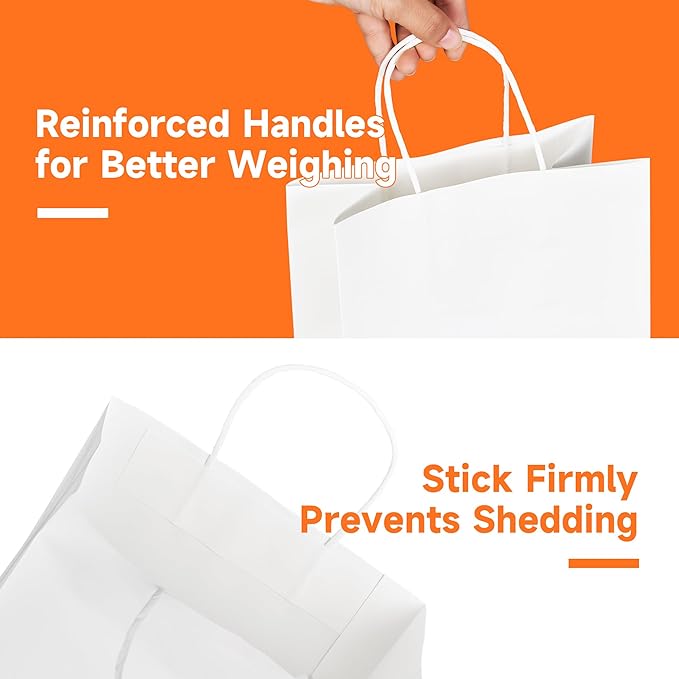 METAPRINT Kraft Paper Gift Bags with Handles in Bulk, 50pcs White Paper Bags 8x4.5x10.8 inch, Recyclable Shopping Bags for Retail, Grocery, Party Favors, Wedding
