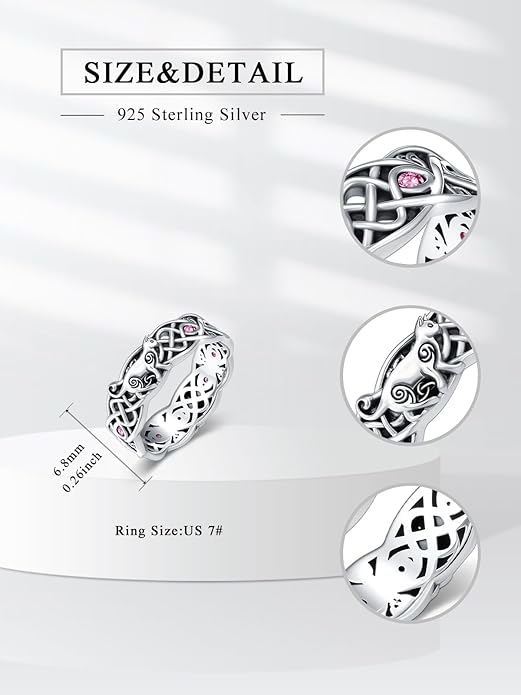Seiyang Celtic Cat Ring 925 Sterling Silver Irish Trinity Knot Celtic Cat Wedding Promise Ring with 12 Months Birthstone Irish Lucky Jewelry Gifts for Women Mom Her