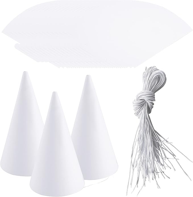 60 Pieces White Party Cone Hats Plain Birthday Paper Cone Hats with Elastic Rope for DIY Craft Birthday Thanksgiving New Year Party Supplies