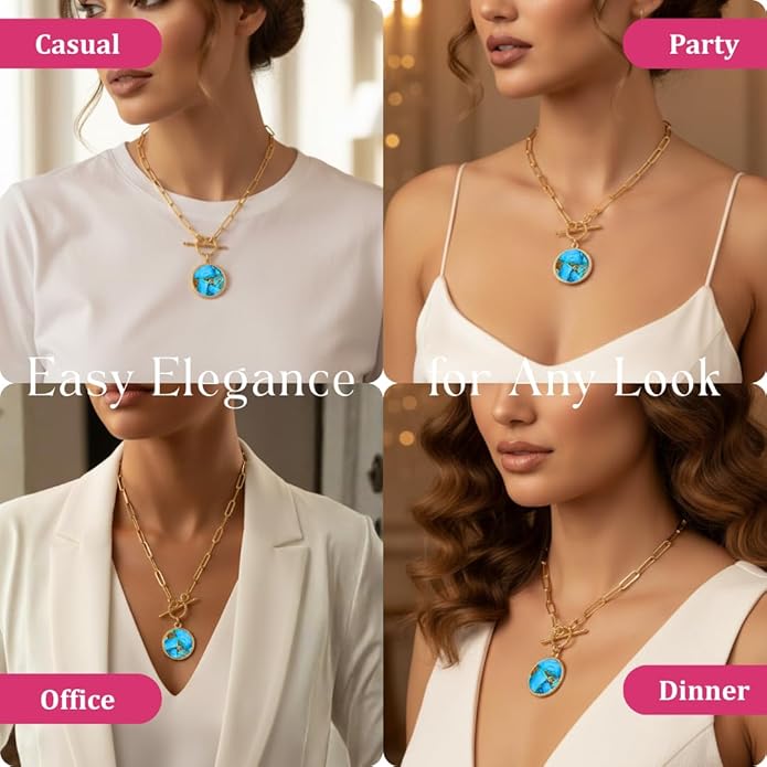 Gempires Gemstone Coin Front Toggle Pendant Necklace for Women with Gold Paperclip Chain, Natural Crystal Pendant with Toggle Clasp, Handcrafted Perfect Jewelry Gift for her
