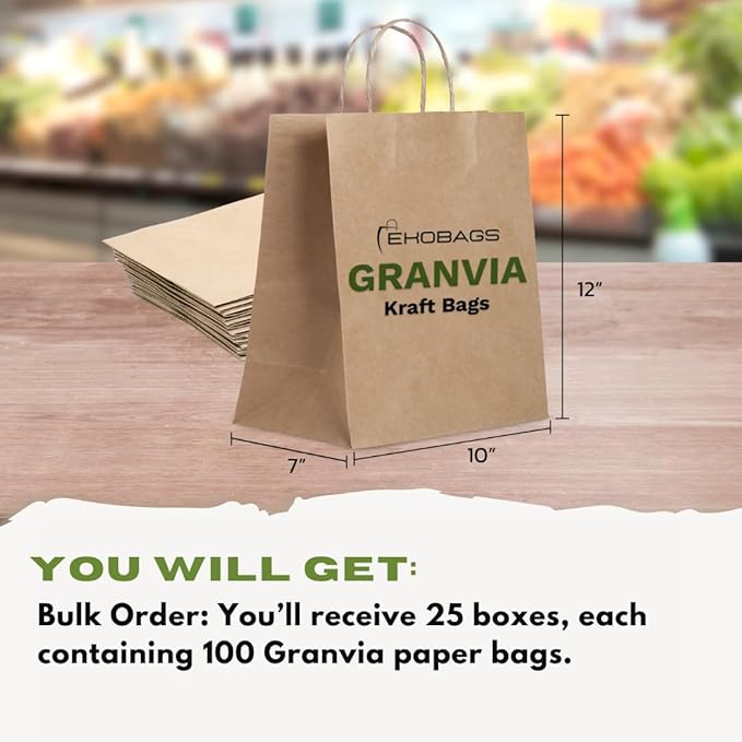 2.500 PACK | EKOBAGS Granvia |10x7x12 inches | Kraft Paper Gift Bags with Handles | 115 GSM Brown Paper Bags for Small Business, Shopping & Party Favors | Recyclable | Holds up to 13.8L/8 lbs
