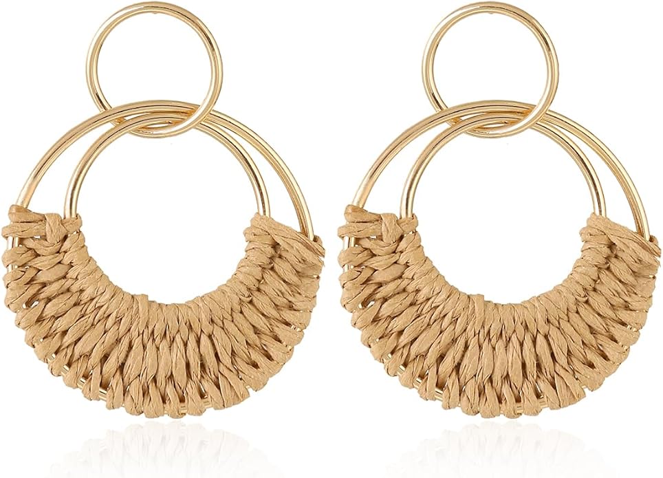 Handmade Raffia Hoop Earrings Statement Tropical Bohemian Straw Dangle Earrings Natural Rattan Vacation Style Round Earrings for Women Summer Beach Party Essential Jewelry
