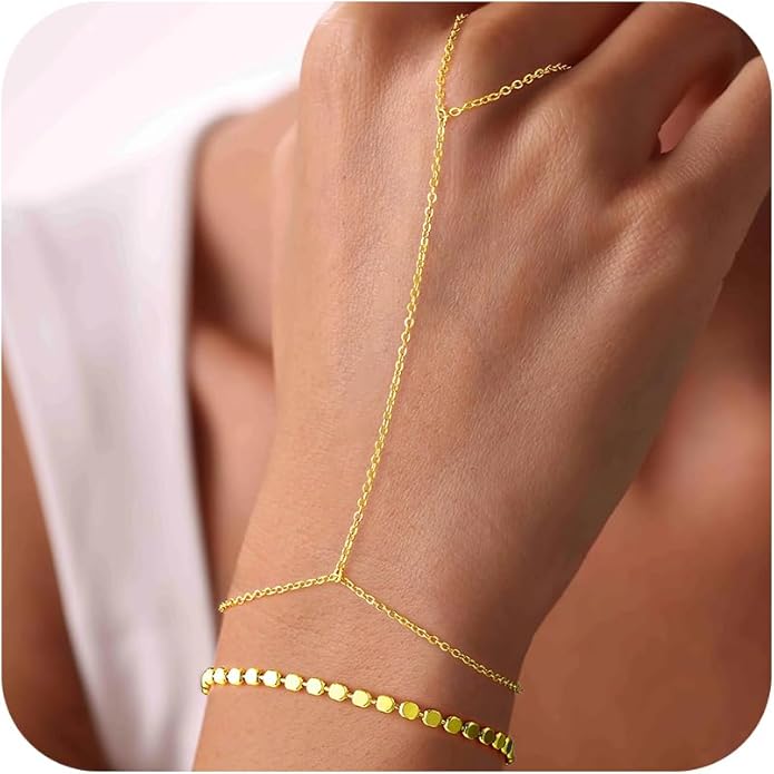 Yoosteel Hand Chain Bracelet for Women - Valentines Gifts Dainty 14K-Gold-Plated Finger Ring Hand Chains Layered Trendy Link Bracelets Jewelry Gift for Women