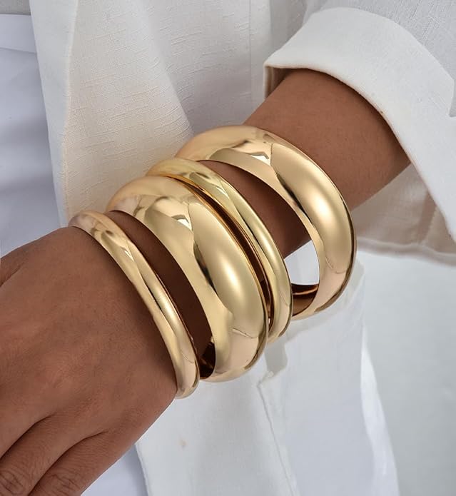 Chunky Gold Bangle Bracelets for Women, Dainty 14k Gold Plated Big Stackable Bangles Set, Trendy Statement Cuff Bracelet Stack Fashion Jewelry Christmas Gifts