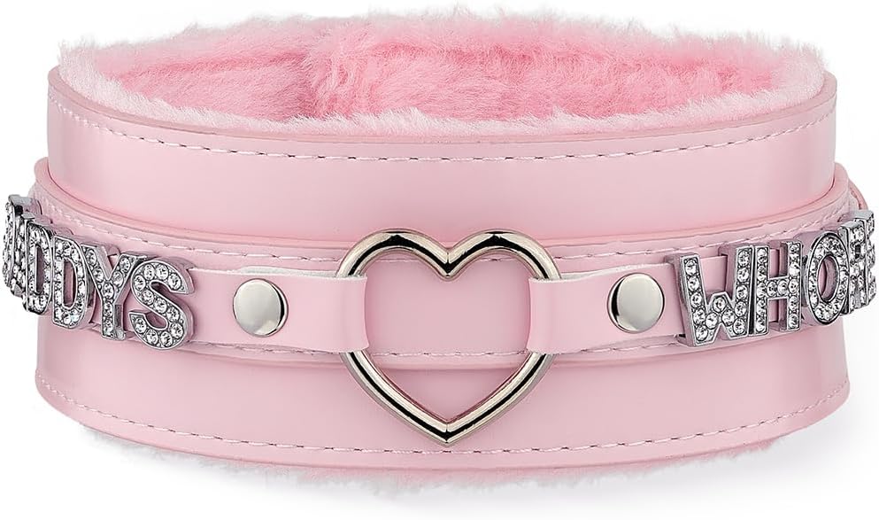 Pink Furry Heart O-ring Leather Choker Collar For Women, Handmade Punk Gothic Letter Necklace Adjustable Fashion Jewelry