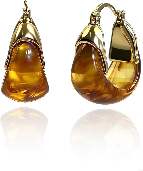 Brown 14k Gold Plated Amber Resin Hoop Earrings for Women Trendy, Retro Chunky Lightweight Hoop Drop Statement Jewelry Earrings for Party Wedding