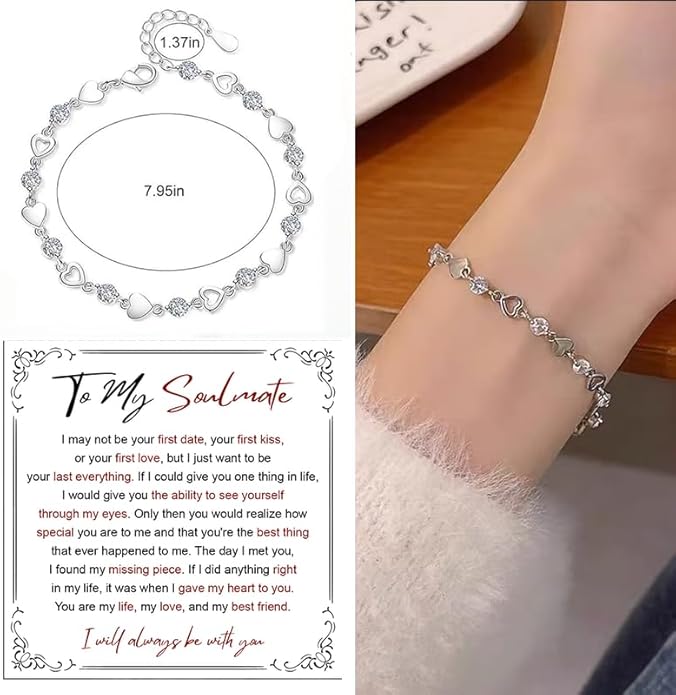 To My Soulmate Bracelet for Women, Heart Chain Bracelet with Shiny Stones, Perfect Birthday or Anniversary Christmas Gift for Soulmate with Message Card and Gift Box