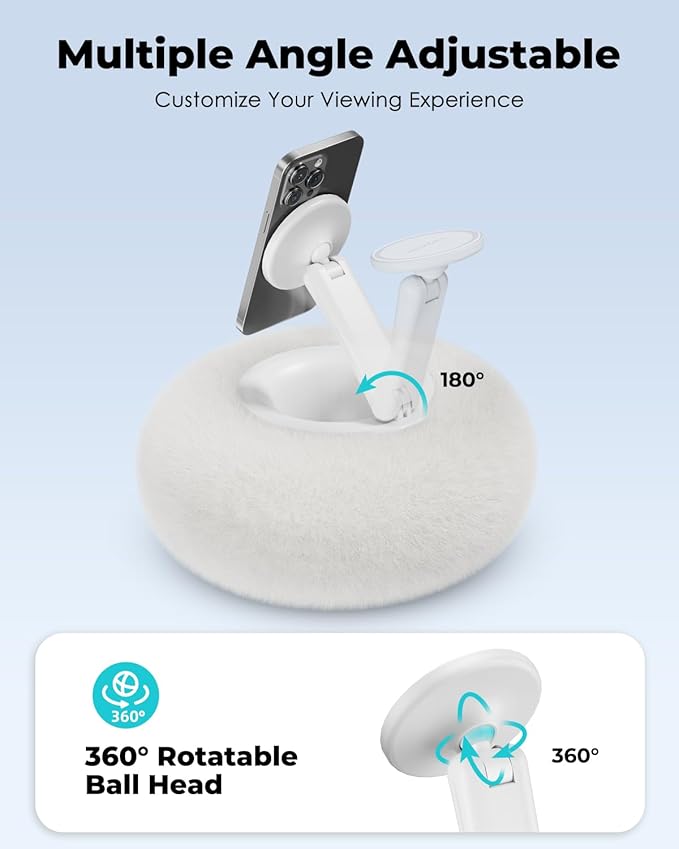 Viozon Phone Holder for Bed, Magnetic Pillow Stand, Compatible with 4-7" Phone/Kindle with Small Storage, Removable Suction Base for Stability, Idea for Kindle Reading and Video Watching On Bed,White