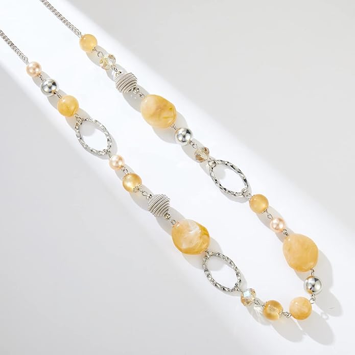 BULINLIN Beaded Long Necklace for Women Silver Sweater Chain Necklace with Crystal Resin Beads, Fashion Jewelry Necklace