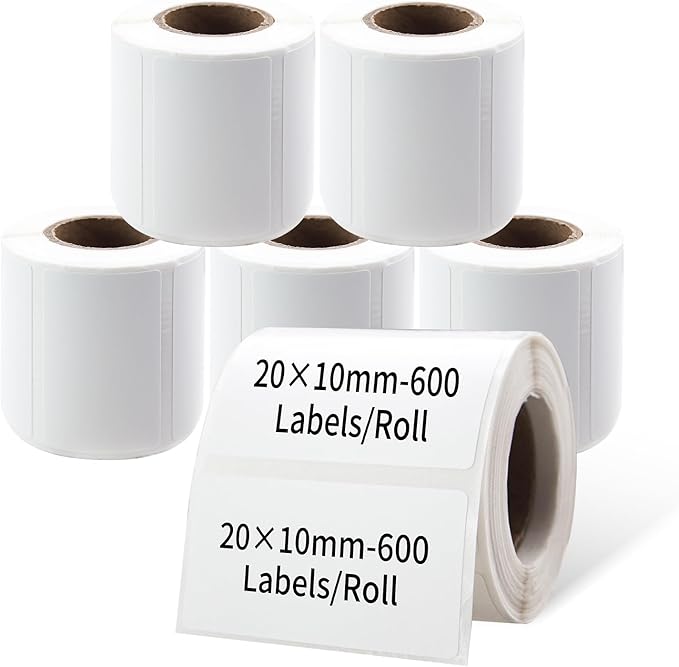 PUQU 20x10mm inch Direct Thermal Sticker Labels, Self-Adhesive All-Purpose Label Maker Tape, Compatible with AQ Series Label Printer, Refills Standard Laminated Office Labeling, 6 Rolls, 3600 Labels