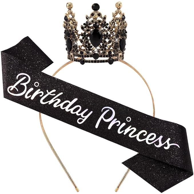 Birthday Princess Sash for Women Tiara & Crowns Headbands for Girls Happy Birthday Party Accessories Favor Supllies Leona Gold Black Pink, 2 Pack