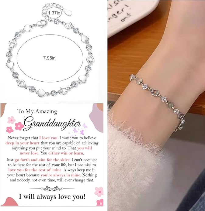 To My Granddaughter Bracelet from Grandma and Grandpa, Heart Chain Bracelet with Shiny Stones, Perfect Birthday or Graduation Christmas Gift for Granddaughter with Message Card and Gift Box