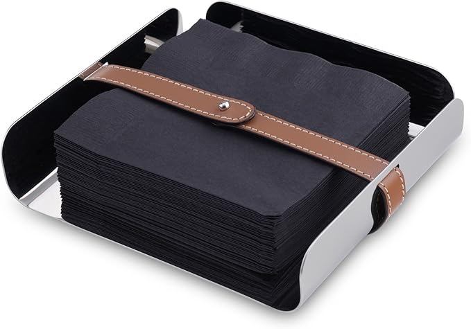 Nambe - Tahoe Collection Stainless Steel Napkin Holder with Raised Edges and Leather Clasp 7" x 2" - Leather Accent is Removable