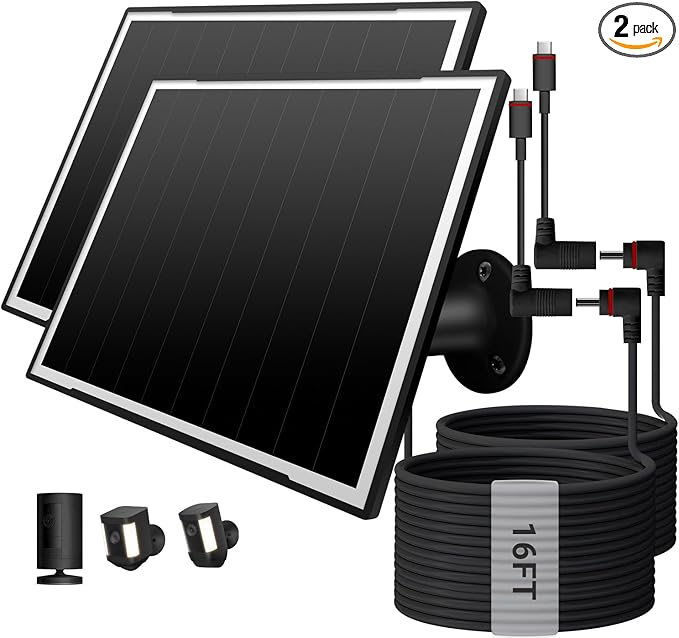 2-Pack Solar Panel Charger for Ring Camera, 8W High-Efficiency - Compatible with Ring Spotlight & Stick Up Cam Pro/Plus, 16ft Long Cable, 3.5mm to USB-C Adapter, IP65 Waterproof, Black