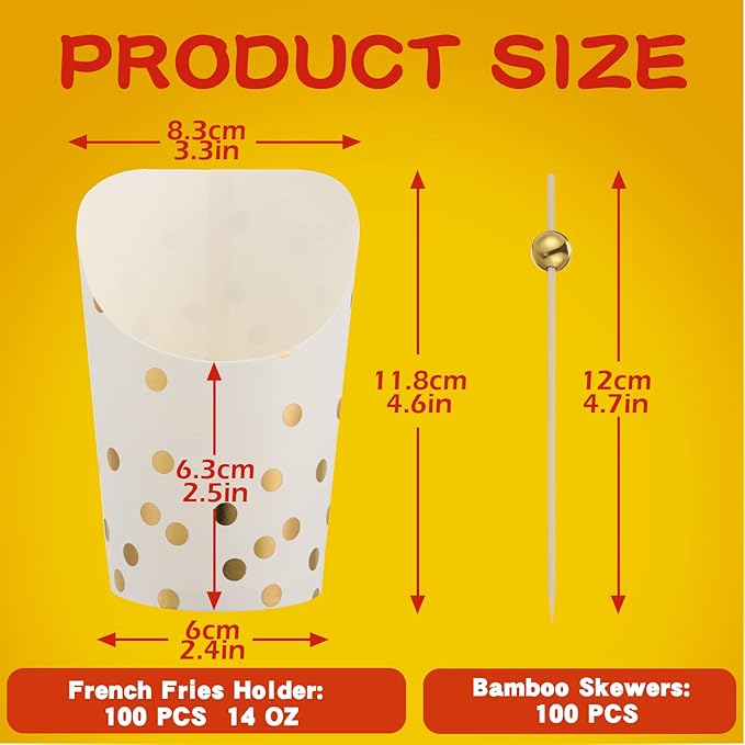 14 oz Charcuterie Cups Disposable French Fries Holder French Fry Paper Cups Gold Polka Dots Popcorn Boxes and 4.7 Inch Cocktail Picks Gold Pearl Bamboo Skewers for Party(White,200 Pcs)