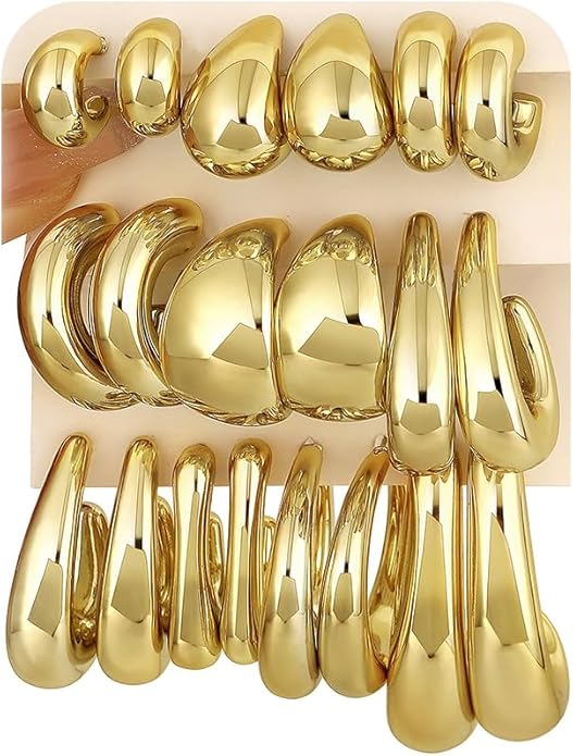 10 Pairs Chunky Gold Earrings for Women, Hypoallergenic Statement Hoops Earring for Multipack, Trendy Gold Chunky Hoop Earrings Jewelry for Gift