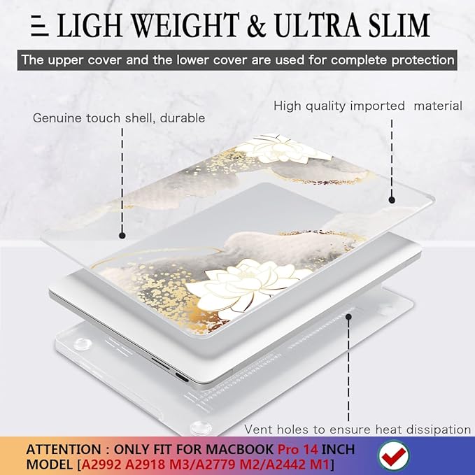 CISSOOK Compatible with MacBook Pro 14 inch Case 2024 2023-2021 Release Model: M4 A3112 A3185 A3401 M3 A2992 A2918 M2 A2779 A2442 M1 Pro/Max, Lotus Hard Shell Case for MacBook Pro 14 with Touch ID