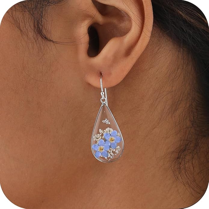 Forget-Me-Not and Queen Anne's Lace Pressed Wildflower Earrings | Pressed Flower Earrings | Handmade Drop and Dangle Earrings | Gift for Woman