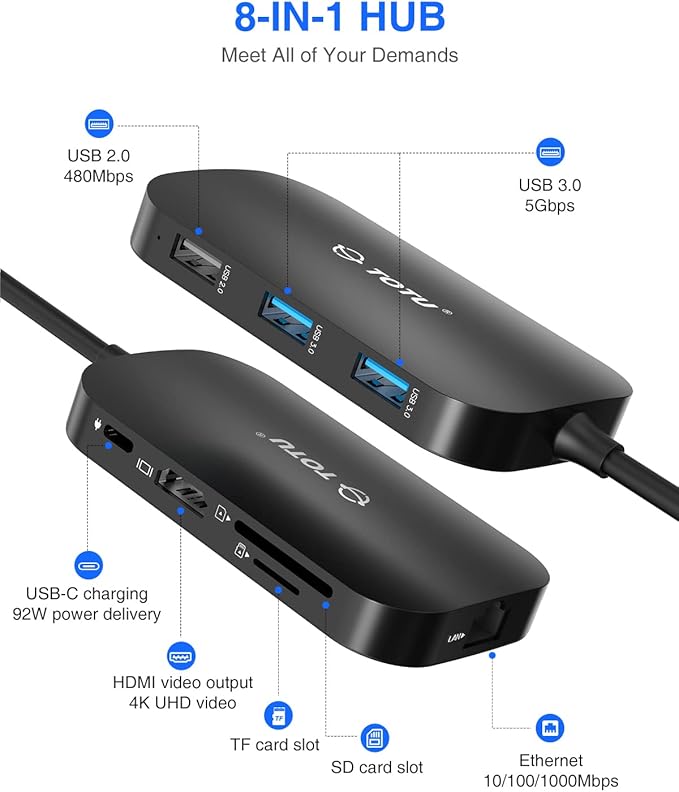 USB C Hub, 9-in-1 Type C Hub with 4K USB C to HDMI, Ethernet Port, USB-C Power Delivery (PD) Port, 2 USB 3.0 Ports, USB 2.0 Port, SD/TF Card Reader, Compatible with MacBook Pro Air and Type C Laptops