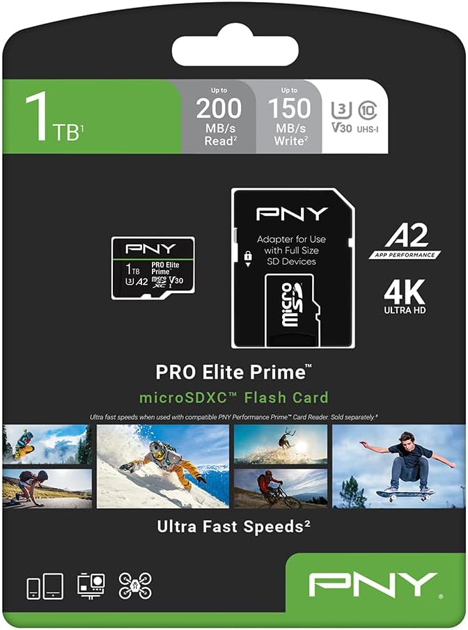 PNY 1TB PRO Elite Prime C10 U3 V30 A2 microSDXC Flash Memory Card – Ultra-Fast Speeds, Read 200MB/s, Write 150MB/s, 4K UHD, Full HD, UHS-I, for Smartphones, Drones, Action Cameras