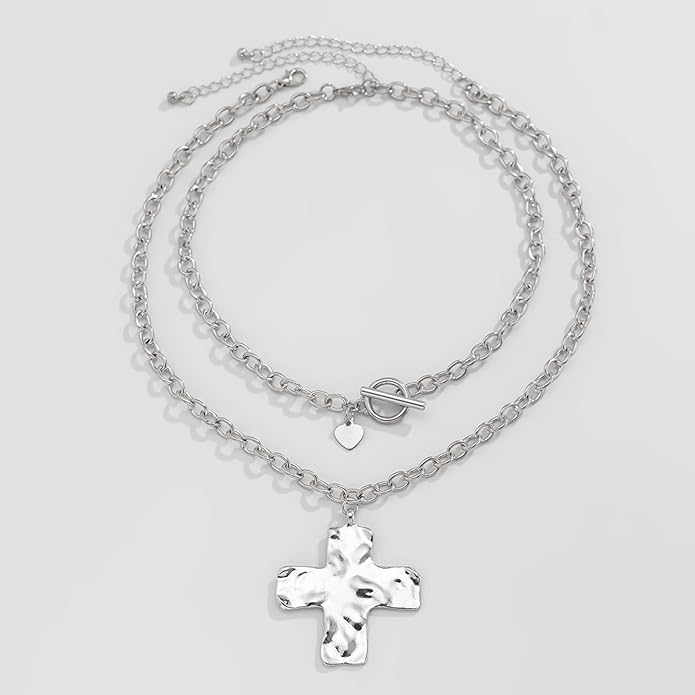 Atiptu Gold Chunky Cross Necklace for Women Statement Cross Pendant Necklace Layered Hammered Bold Cross Necklace Vintage Toggle Clasp Necklace Jewelry