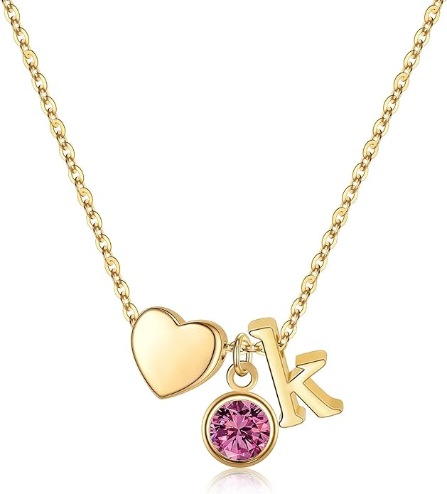 Ursilver Initial Birthstone Necklace for Women - Heart Initial Birthstone Pendant Necklace Personalized Gifts Birthday Gifts for Women
