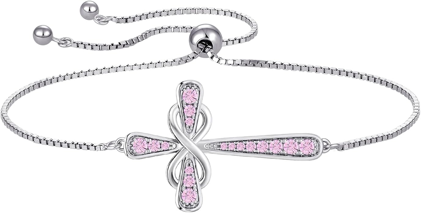 YL Cross Bracelet 925 Sterling Silver Infinity Sideways Link Bracelet Birthstone Jewelry for Women