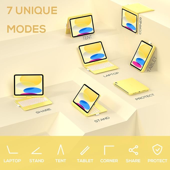 typecase Touch iPad 10th Generation Case with Keyboard (10.9", 2022) and iPad A16 (11th Gen, 2025) – 360° Rotatable, 11-Color Backlit, Multi-Touch Trackpad, Thin & Light (Yellow)