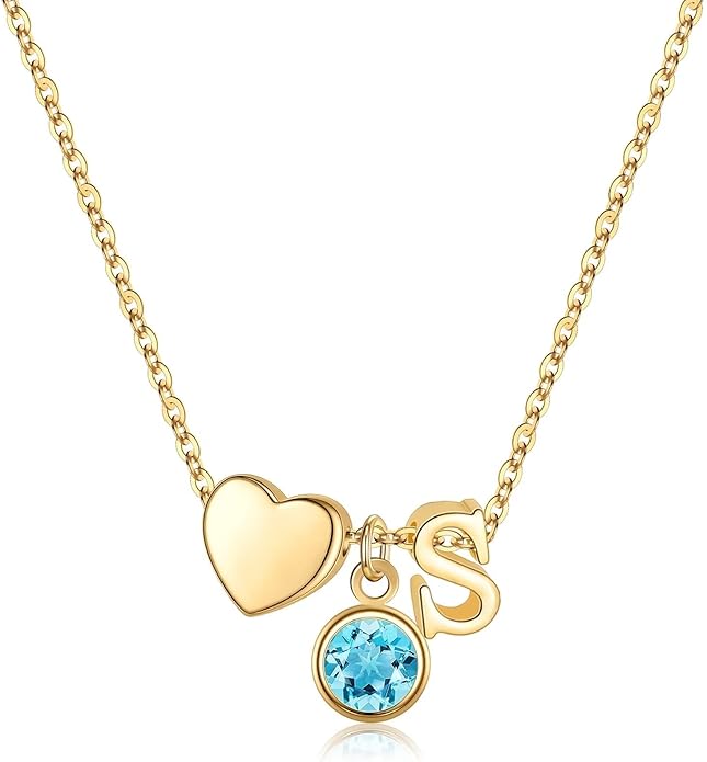 Ursilver Initial Birthstone Necklace for Women - Heart Initial Birthstone Pendant Necklace Personalized Gifts Birthday Gifts for Women