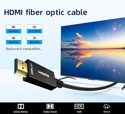 8K HDMI Fiber Optic Cable 100ft, 4K120 8K@60Hz HDMI 2.1 Cable, 48Gbps Ultra High Speed Slim HDMI Optical Audio Cable HDMI Cord, eARC HDR10 HDCP 2.2 Compatible with PS5 Xbox TV Projector