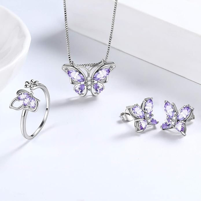 Aurora Tears Butterfly Jewelry,Women 925 Sterling Silver Butterflies Birthstone Pendant Necklace/Earrings/Rings Wedding Gift