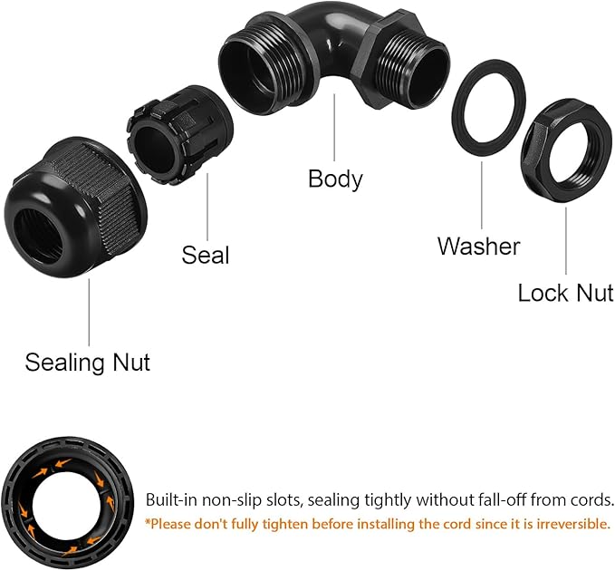 LeMotech M20 Cable Gland, 90 Degree Adjustable 9-14mm Strain Relief, Cord Connectors Nylon Joints with Gaskets, 6 Pcs, Black