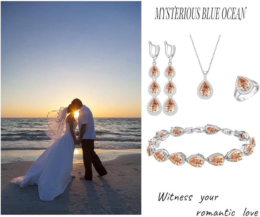 LMXXVJ Necklace Long Earrings Bracelet Set, White Gold Plated Created Blue Sapphire Jewelry Set Wedding Party Gift Jewelry for Women Bridal Bridesmaid